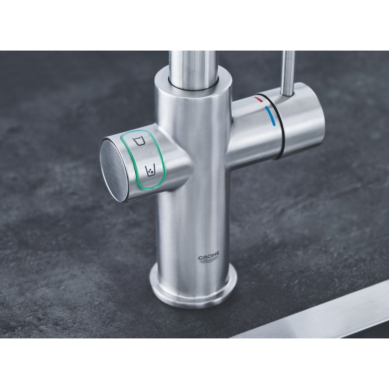Casa si Gradina - Sanitare - Chiuveta bucatarie si accesorii - Baterii bucatarie - Baterie de bucatarie Grohe 31455DC1, Blue Home, inalta, tip C, filtare, racire, apa carbogazoasa, mat, otel satinat - Infinity.ro