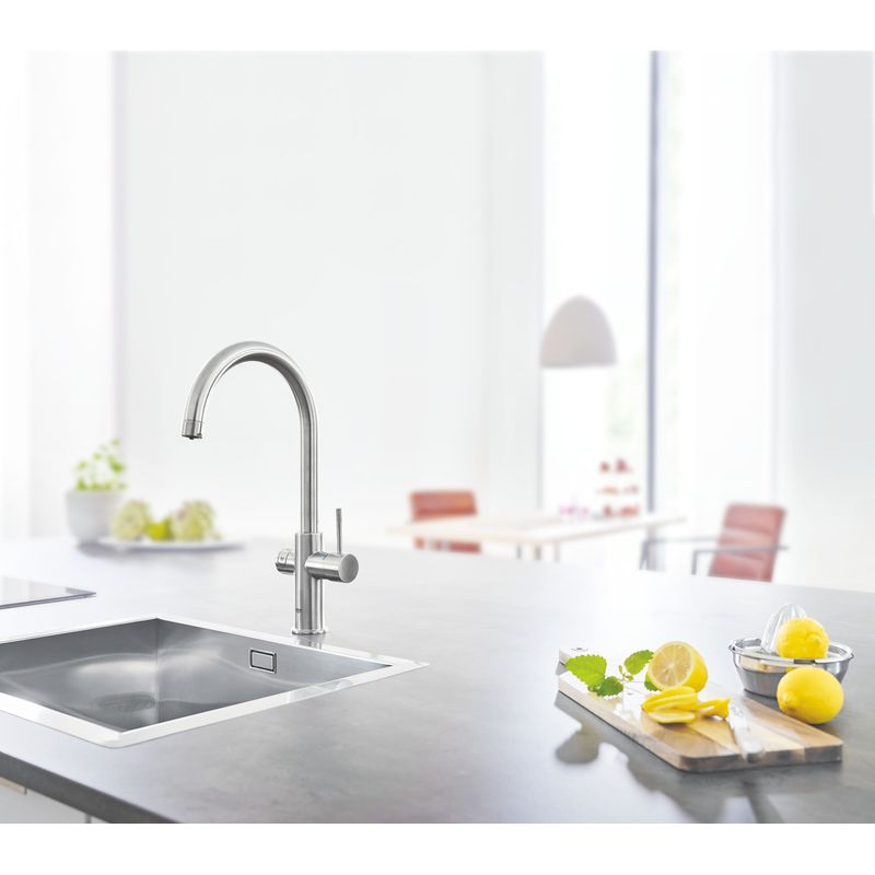 Casa si Gradina - Sanitare - Chiuveta bucatarie si accesorii - Baterii bucatarie - Baterie de bucatarie Grohe 31455DC1, Blue Home, inalta, tip C, filtare, racire, apa carbogazoasa, mat, otel satinat - Infinity.ro