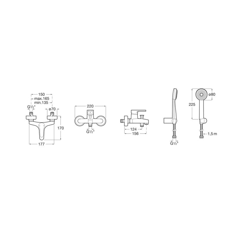 Casa si Gradina - Sanitare - Lavoar baie si accesorii - Baterii sanitare - Baterie cada Roca A5A0A6AC0K, 0.8 bar, 80 mm, 1.7 m, 156 mm, 220 mm, 124 mm, 2 orificii instalare, Crom - Infinity.ro
