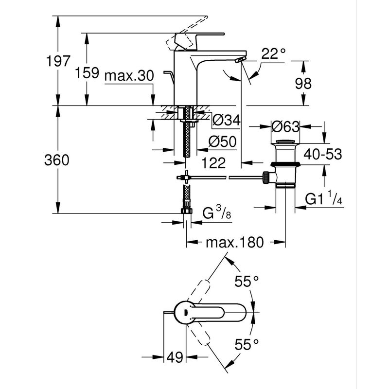 Casa si Gradina - Sanitare - Lavoar baie si accesorii - Baterii sanitare - Baterie lavoar Grohe 234542430, 35 mm, 5 l/min, 0.7 bar, 34 mm, 159 mm, 122 mm, 360 mm, 1 orificii instalare, Negru - Infinity.ro
