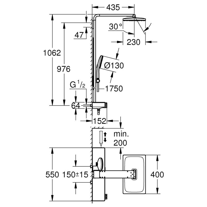 Casa si Gradina - Sanitare - Cazi si cabine de dus - Coloane si seturi de dus - Sistem de dus Grohe 100962GL00 SPA Aqua Pure, termostat, palarie dus 400 mm, 3 functii para dus, auriu lucios - Infinity.ro