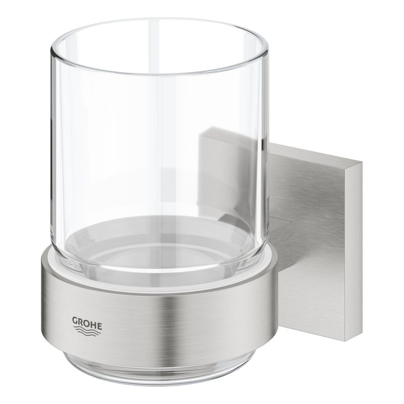Casa si Gradina - Sanitare - Suporturi si accesorii baie - Suporturi baie - Pahar baie Grohe 41097DC0, Start Cube, pe perete, metal/sticla, mat, otel satinat - Infinity.ro