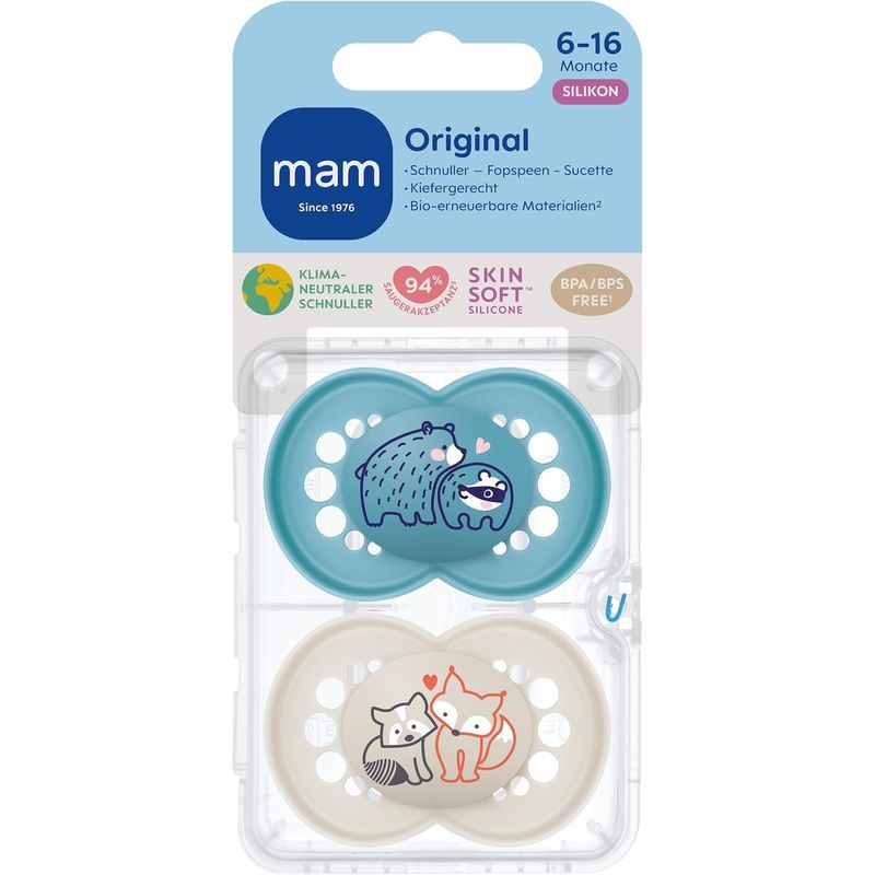 Jucarii, Copii si Bebe - Hrana si alaptare - Biberoane, suzete si accesorii hranire - Suzete si accesorii - Set 2 suzete ortodontice MAM Original Planet Love, 6-18 luni, silicon, Albastru/Crem - Infinity.ro