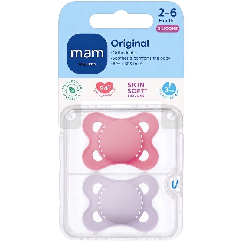 Jucarii, Copii si Bebe - Hrana si alaptare - Biberoane, suzete si accesorii hranire - Suzete si accesorii - Set 2 suzete ortodontice MAM Original, 3-6 luni, silicon, Roz/Lila - Infinity.ro