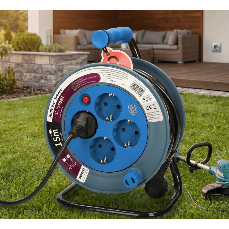 Casa si Gradina - Electrice - Accesorii electrice - Prelungitoare, triple, fise - Prelungitor mini cu tambur ORNO OR-AE-1339/T(GS), 15m, 4 prize, 2300W, Turcoaz - Infinity.ro