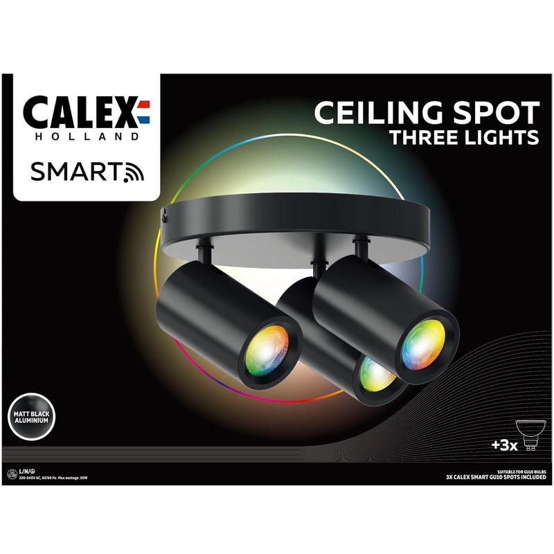 Casa si Gradina - Corpuri si surse de iluminat - Plafoniere, aplice si spoturi - Plafoniera LED RGB inteligenta Calex, cu 3 spoturi, Wi-Fi, Bluetooth, 4.9W, 21 cm, Negru Mat - Infinity.ro
