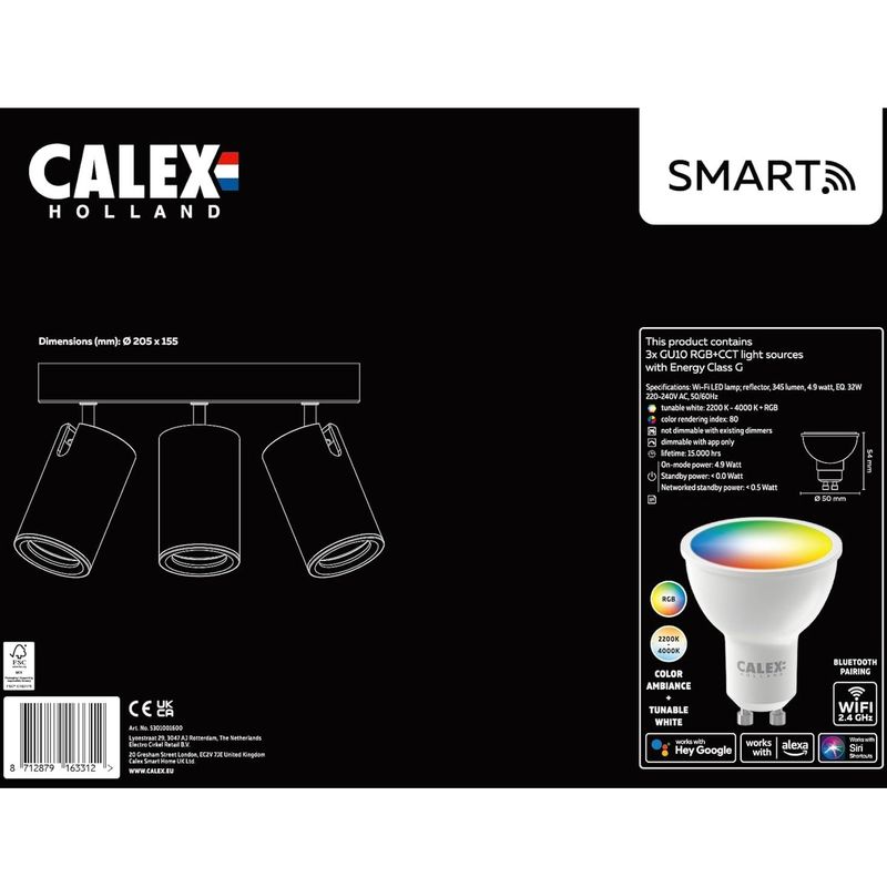 Casa si Gradina - Corpuri si surse de iluminat - Plafoniere, aplice si spoturi - Plafoniera LED RGB inteligenta Calex, cu 3 spoturi, Wi-Fi, Bluetooth, 4.9W, 21 cm, Negru Mat - Infinity.ro