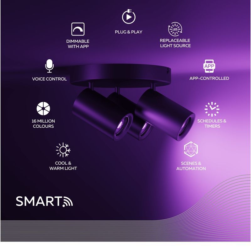 Casa si Gradina - Corpuri si surse de iluminat - Plafoniere, aplice si spoturi - Plafoniera LED RGB inteligenta Calex, cu 3 spoturi, Wi-Fi, Bluetooth, 4.9W, 21 cm, Negru Mat - Infinity.ro