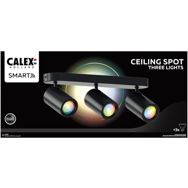 Casa si Gradina - Corpuri si surse de iluminat - Plafoniere, aplice si spoturi - Plafoniera LED RGB inteligenta Calex, 3 spoturi, Wi-Fi, 4.9W, 345 lm, 27cm, Negru Mat - Infinity.ro