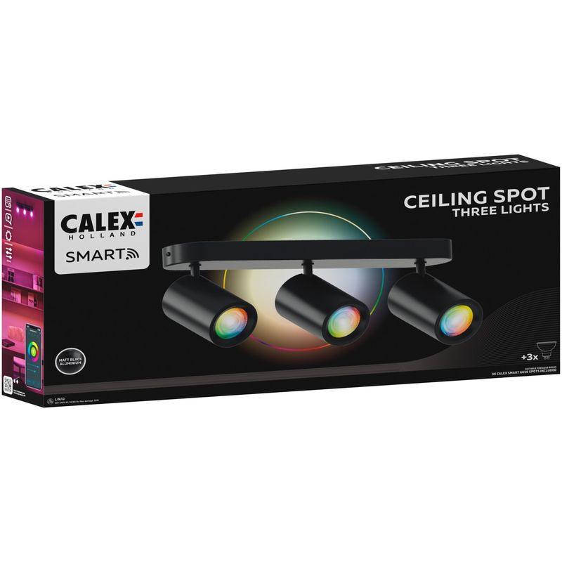 Casa si Gradina - Corpuri si surse de iluminat - Plafoniere, aplice si spoturi - Plafoniera LED RGB inteligenta Calex, 3 spoturi, Wi-Fi, 4.9W, 345 lm, 27cm, Negru Mat - Infinity.ro