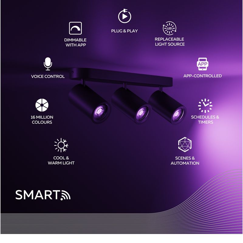 Casa si Gradina - Corpuri si surse de iluminat - Plafoniere, aplice si spoturi - Plafoniera LED RGB inteligenta Calex, 3 spoturi, Wi-Fi, 4.9W, 345 lm, 27cm, Negru Mat - Infinity.ro