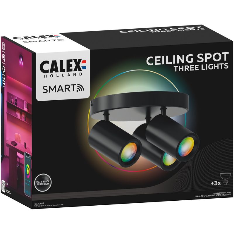 Casa si Gradina - Corpuri si surse de iluminat - Plafoniere, aplice si spoturi - Plafoniera LED RGB inteligenta Calex, cu 3 spoturi, Wi-Fi, Bluetooth, 4.9W, 21 cm, Negru Mat - Infinity.ro