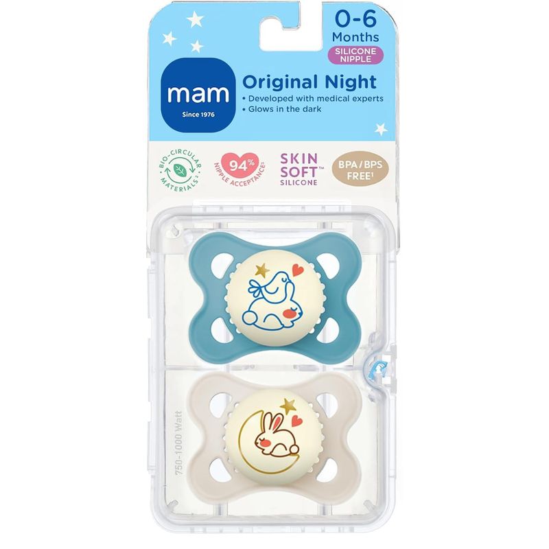 Jucarii, Copii si Bebe - Hrana si alaptare - Biberoane, suzete si accesorii hranire - Suzete si accesorii - Set 2 suzete ortodontice MAM Original Night Planet Love, 3-6 luni, silicon, fosforescent, Albastru/Crem - Infinity.ro