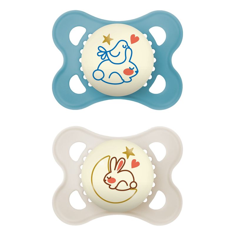 Jucarii, Copii si Bebe - Hrana si alaptare - Biberoane, suzete si accesorii hranire - Suzete si accesorii - Set 2 suzete ortodontice MAM Original Night Planet Love, 3-6 luni, silicon, fosforescent, Albastru/Crem - Infinity.ro