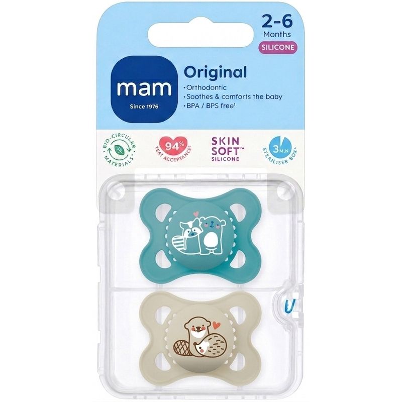 Jucarii, Copii si Bebe - Hrana si alaptare - Biberoane, suzete si accesorii hranire - Suzete si accesorii - Set 2 suzete ortodontice MAM Original Planet Love, 3-6 luni, silicon, Albastru/Crem - Infinity.ro