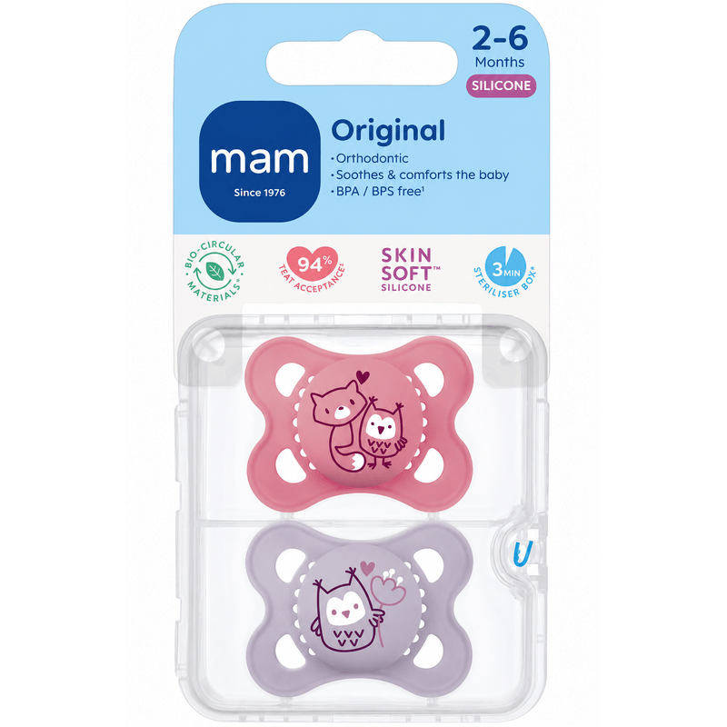 Jucarii, Copii si Bebe - Hrana si alaptare - Biberoane, suzete si accesorii hranire - Suzete si accesorii - Set 2 suzete ortodontice MAM Original Planet Love, 3-6 luni, silicon, Roz/Lila - Infinity.ro