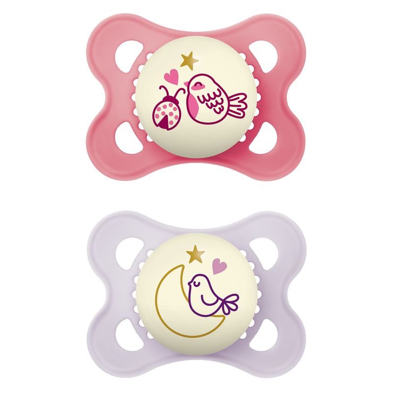 Jucarii, Copii si Bebe - Hrana si alaptare - Biberoane, suzete si accesorii hranire - Suzete si accesorii - Set 2 suzete ortodontice MAM Original Night Planet Love, 3-6 luni, silicon, fosforescent, Roz/Lila - Infinity.ro