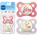 Jucarii, Copii si Bebe - Hrana si alaptare - Biberoane, suzete si accesorii hranire - Suzete si accesorii - Set 2 suzete ortodontice MAM Original Night Planet Love, 3-6 luni, silicon, fosforescent, Roz/Lila - Infinity.ro