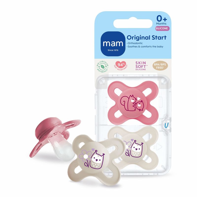Jucarii, Copii si Bebe - Hrana si alaptare - Biberoane, suzete si accesorii hranire - Suzete si accesorii - Set 2 suzete ortodontice MAM Baby Original Start Planet Love, 0-3 luni, silicon, Roz/Crem - Infinity.ro