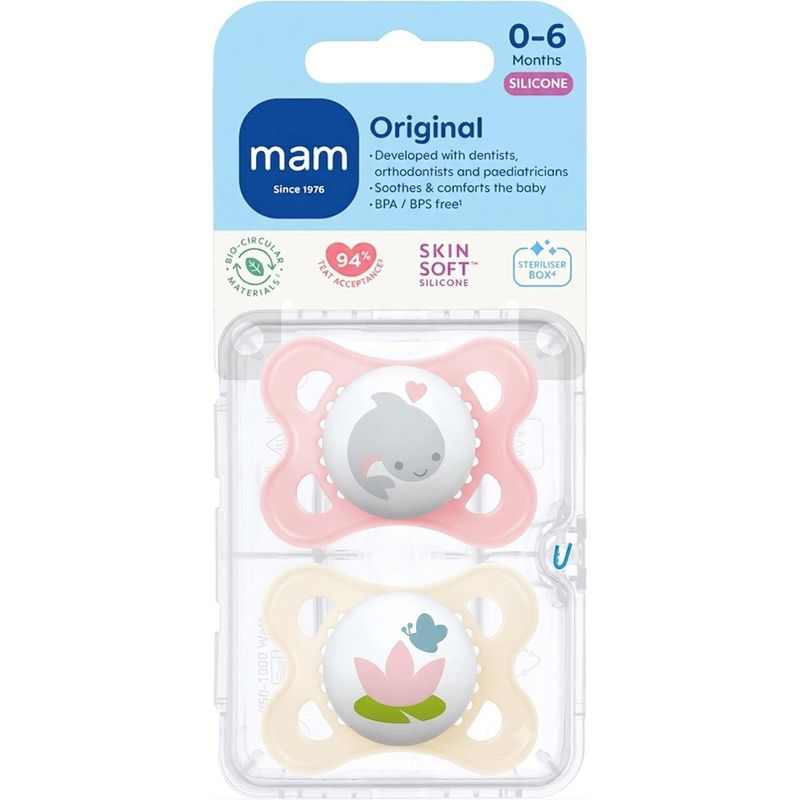 Jucarii, Copii si Bebe - Hrana si alaptare - Biberoane, suzete si accesorii hranire - Suzete si accesorii - Set 2 suzete ortodontice MAM Original Sealife, 2-6 luni, silicon, Roz/Crem - Infinity.ro