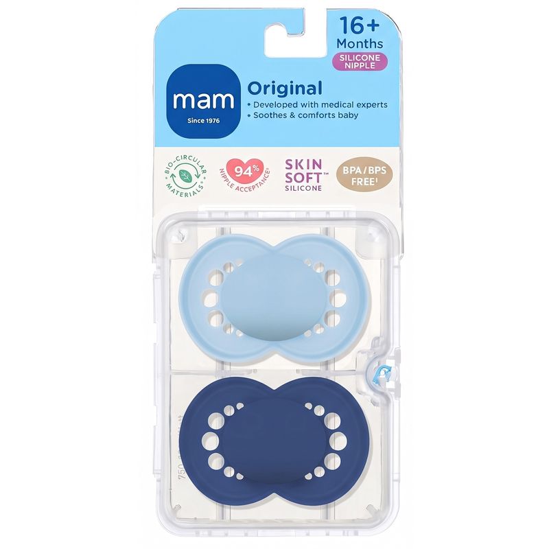 Jucarii, Copii si Bebe - Hrana si alaptare - Biberoane, suzete si accesorii hranire - Suzete si accesorii - Set 2 suzete ortodontice MAM Original, 16-36 luni, silicon, Albastru/Bleu - Infinity.ro