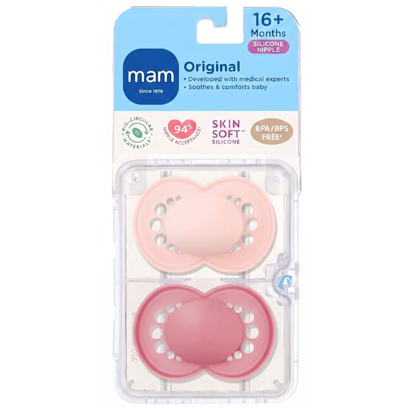 Jucarii, Copii si Bebe - Hrana si alaptare - Biberoane, suzete si accesorii hranire - Suzete si accesorii - Set 2 suzete ortodontice MAM Original, 16-36 luni, silicon SkinSoft, Roz - Infinity.ro