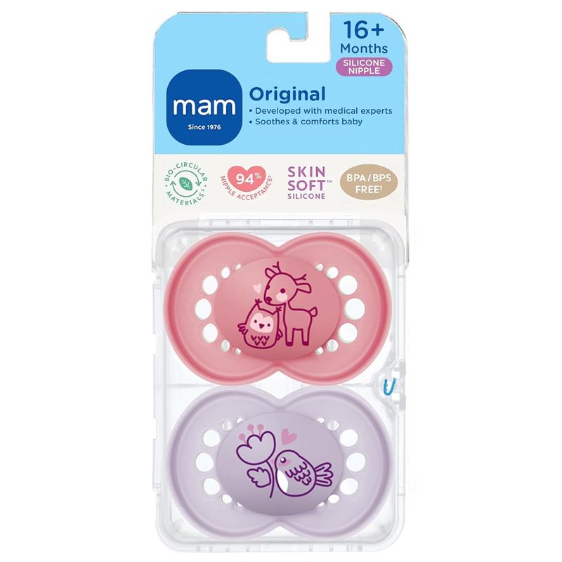 Jucarii, Copii si Bebe - Hrana si alaptare - Biberoane, suzete si accesorii hranire - Suzete si accesorii - Set 2 suzete ortodontice MAM Original Planet Love, 16-36 luni, silicon, Roz/Lila - Infinity.ro