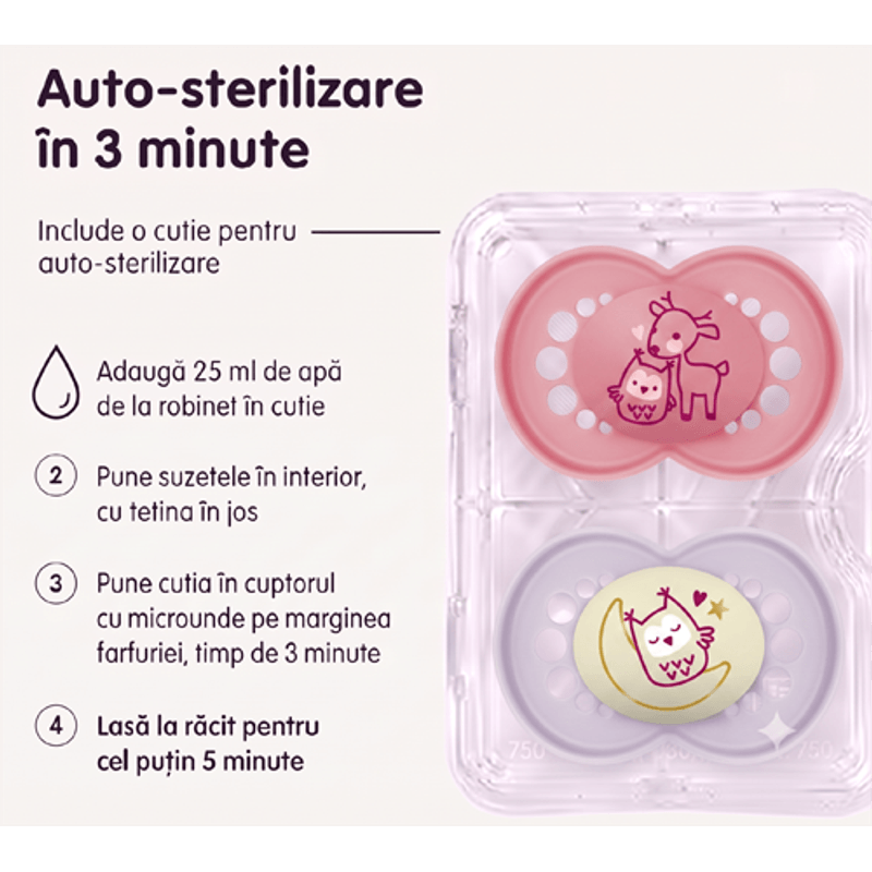 Jucarii, Copii si Bebe - Hrana si alaptare - Biberoane, suzete si accesorii hranire - Suzete si accesorii - Set 2 suzete ortodontice MAM Original Night Planet Love, 16-36 luni, silicon, Roz/Lila - Infinity.ro