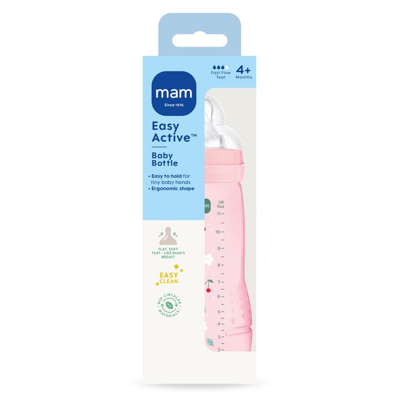 Jucarii, Copii si Bebe - Hrana si alaptare - Biberoane, suzete si accesorii hranire - Biberoane, tetine si accesorii - Biberon anticolici MAM Easy Active Pattern Fruits, 330 ml, tetina silicon, roz - Infinity.ro