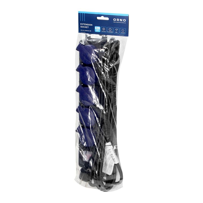 Casa si Gradina - Electrice - Accesorii electrice - Prelungitoare, triple, fise - Prelungitor electric ORNO OR-AE-13298(GS)/3M, 5 prize, 3680W, 3m, IP44, Negru/Albastru - Infinity.ro