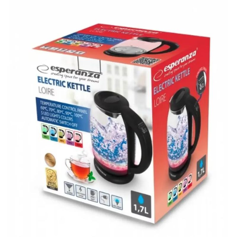 Electronice si Electrocasnice - Electrocasnice bucatarie - Preparare bauturi - Fierbatoare de apa - Cana electrica Loire, sticla, 2200W, 1.7L, 5 trepte temperatura - Infinity.ro