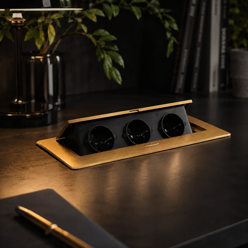 Casa si Gradina - Electrice - Prize - Priza mobilier incastrabila ORNO OR-GM-9032(GS)/C, 3 prize Schuko, 16A, 3680W, Aurie/Negru - Infinity.ro