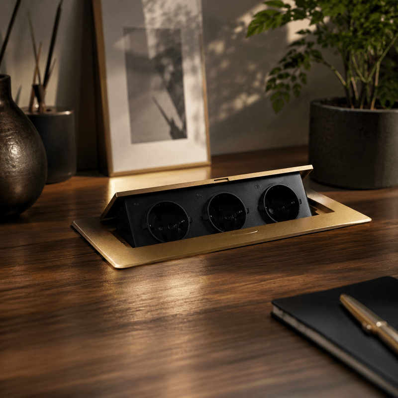Casa si Gradina - Electrice - Prize - Priza mobilier incastrabila ORNO OR-GM-9032(GS)/C, 3 prize Schuko, 16A, 3680W, Aurie/Negru - Infinity.ro