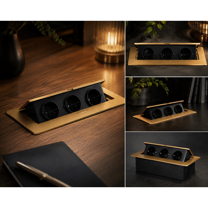 Casa si Gradina - Electrice - Prize - Priza mobilier incastrabila ORNO OR-GM-9032(GS)/C, 3 prize Schuko, 16A, 3680W, Aurie/Negru - Infinity.ro