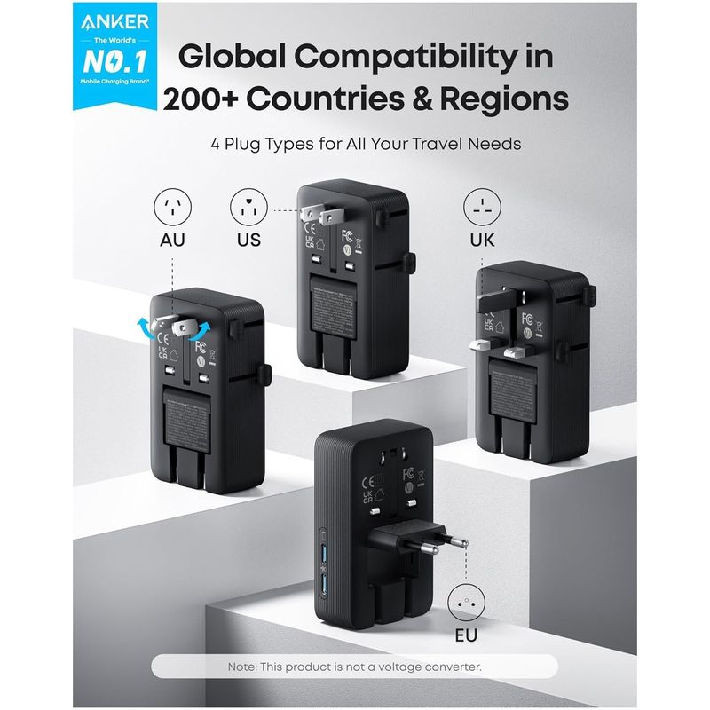 Casa si Gradina - Electrice - Accesorii electrice - Accesorii prize si intrerupatoare - Adaptor de calatorie Anker Nano Travel Adapter 5 in 1, 20W, 2x USB-C, 2x USB-A, Negru - Infinity.ro
