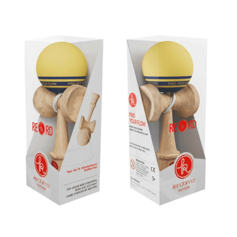 Jucarii, Copii si Bebe - Jucarii si jocuri - Jucarii & jocuri educative - Jucarii interactive - Kendama Record Plus galben mat cu dungi negre, 18,5 cm, base cup, cupe mari si set ata cadou - Infinity.ro