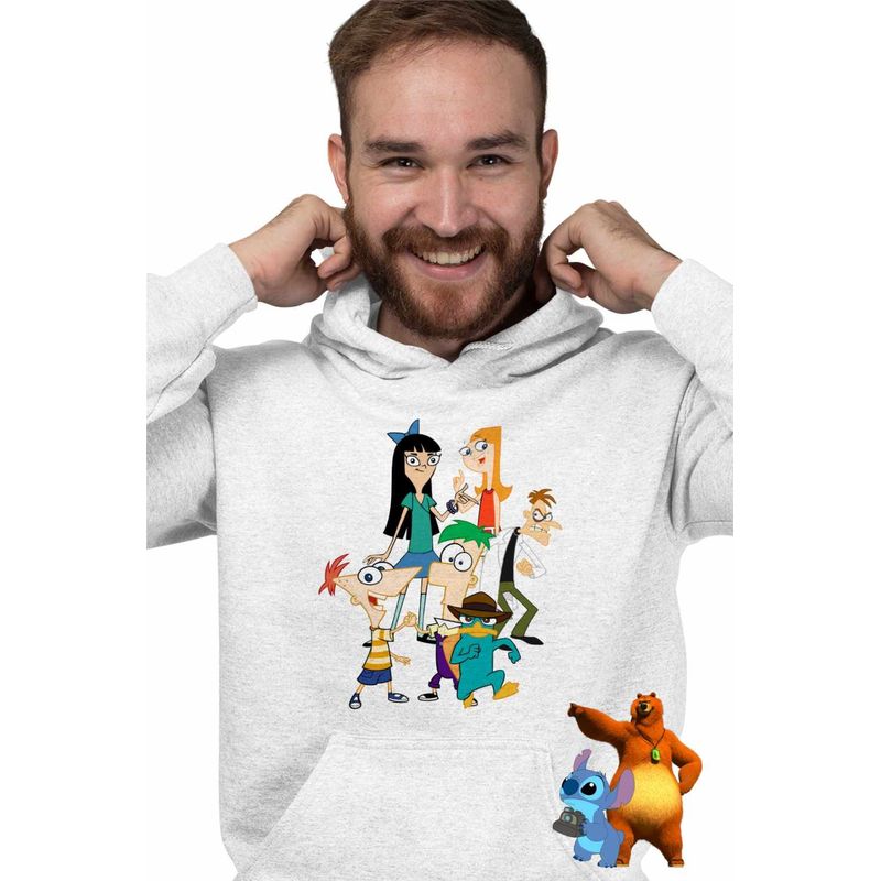Fashion, accesorii si bijuterii - Barbati - Imbracaminte - Hanorace barbati - Hanorac Barbati Phinead Ferb Toata Trupa Desen Animat, alb, marime M - Infinity.ro