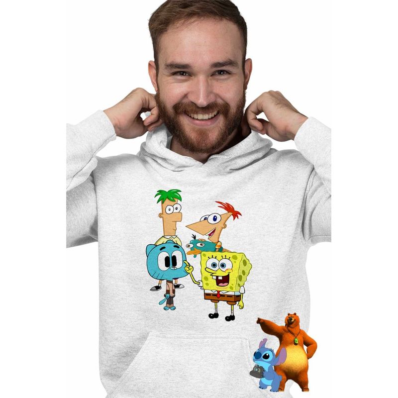 Fashion, accesorii si bijuterii - Barbati - Imbracaminte - Hanorace barbati - Hanorac Barbati Phineas Ferb Gumball Spongebob, alb, marime L - Infinity.ro