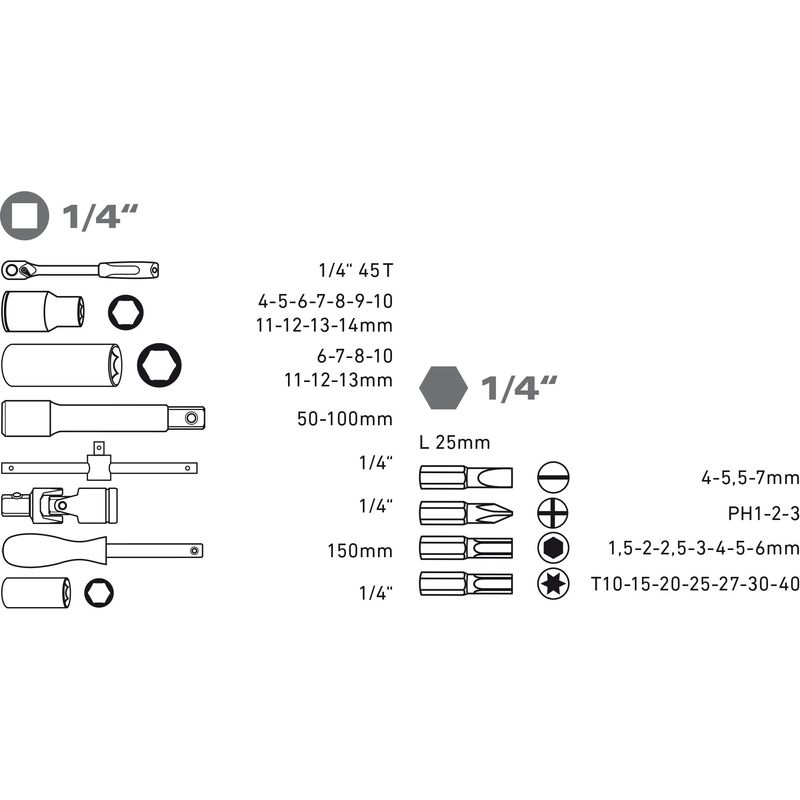 Casa si Gradina - Constructii - Scule de mana si unelte - Chei si truse chei - Set chei tubulare 45 de piese, EXTOL, 1/4", CrV, 8818360, PH1-2-3, T10-40 - Infinity.ro
