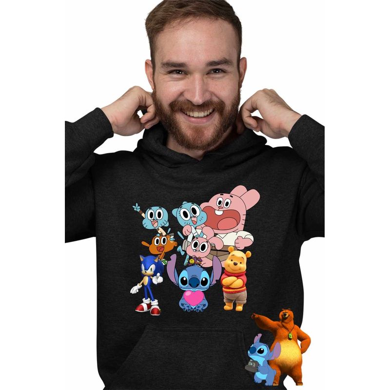 Fashion, accesorii si bijuterii - Barbati - Imbracaminte - Hanorace barbati - Hanorac Barbati Gumball Stitch Sonic Winnie, negru, marime L - Infinity.ro