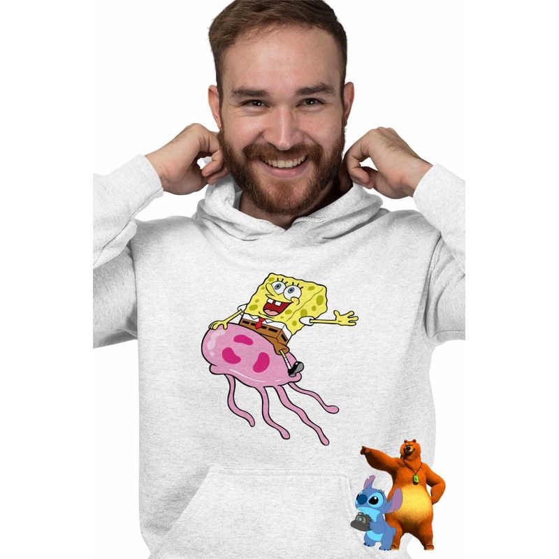 Fashion, accesorii si bijuterii - Barbati - Imbracaminte - Hanorace barbati - Hanorac Barbati Spongebob Pantaloni Patrati Calare Meduza, alb, marime L - Infinity.ro