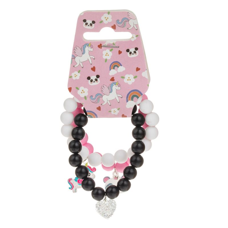 Fashion, accesorii si bijuterii - Copii - Accesorii copii - Bijuterii si ceasuri copii - Bratari cu margele pentru copii, set 3 buc, alb-negru-roz, cu pandantive ursulet, inima si unicorn - Infinity.ro