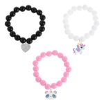 Fashion, accesorii si bijuterii - Copii - Accesorii copii - Bijuterii si ceasuri copii - Bratari cu margele pentru copii, set 3 buc, alb-negru-roz, cu pandantive ursulet, inima si unicorn - Infinity.ro