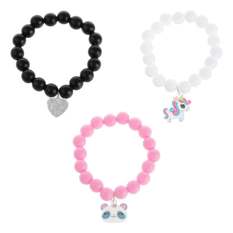 Fashion, accesorii si bijuterii - Copii - Accesorii copii - Bijuterii si ceasuri copii - Bratari cu margele pentru copii, set 3 buc, alb-negru-roz, cu pandantive ursulet, inima si unicorn - Infinity.ro
