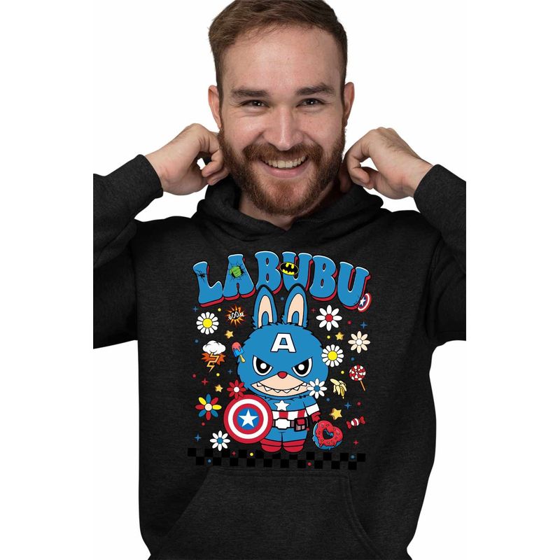 Fashion, accesorii si bijuterii - Barbati - Imbracaminte - Hanorace barbati - Hanorac Barbati Labubu Captain America, negru, marime XL - Infinity.ro