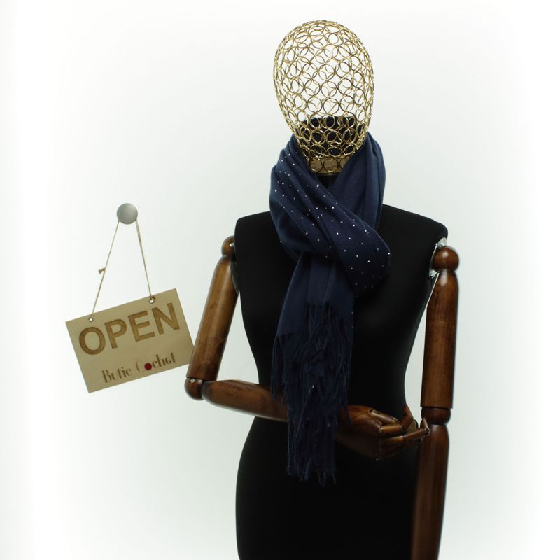 Fashion, accesorii si bijuterii - Femei - Accesorii femei - Esarfe si fulare femei - Esarfa dama, din lana, Buticcochet, 70x190 cm, model cu strasuri, Bleumarin - ES3377 - Infinity.ro