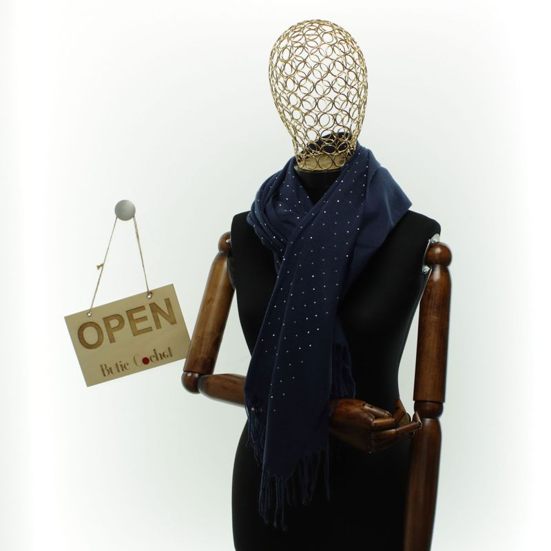 Fashion, accesorii si bijuterii - Femei - Accesorii femei - Esarfe si fulare femei - Esarfa dama, din lana, Buticcochet, 70x190 cm, model cu strasuri, Bleumarin - ES3377 - Infinity.ro