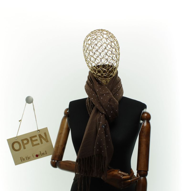Fashion, accesorii si bijuterii - Femei - Accesorii femei - Esarfe si fulare femei - Esarfa dama, din lana, Buticcochet, 70x190 cm, model cu strasuri, Maro - ES3380 - Infinity.ro