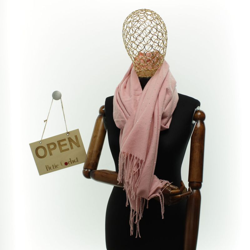 Fashion, accesorii si bijuterii - Femei - Accesorii femei - Esarfe si fulare femei - Esarfa dama, din lana, Buticcochet, 70x190 cm, model cu strasuri, Roz - ES3376 - Infinity.ro