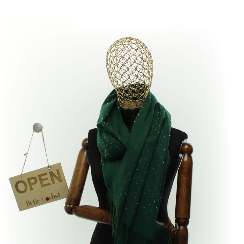 Fashion, accesorii si bijuterii - Femei - Accesorii femei - Esarfe si fulare femei - Esarfa dama, din lana, Buticcochet, 70x190 cm, model cu strasuri, Verde - ES3378 - Infinity.ro